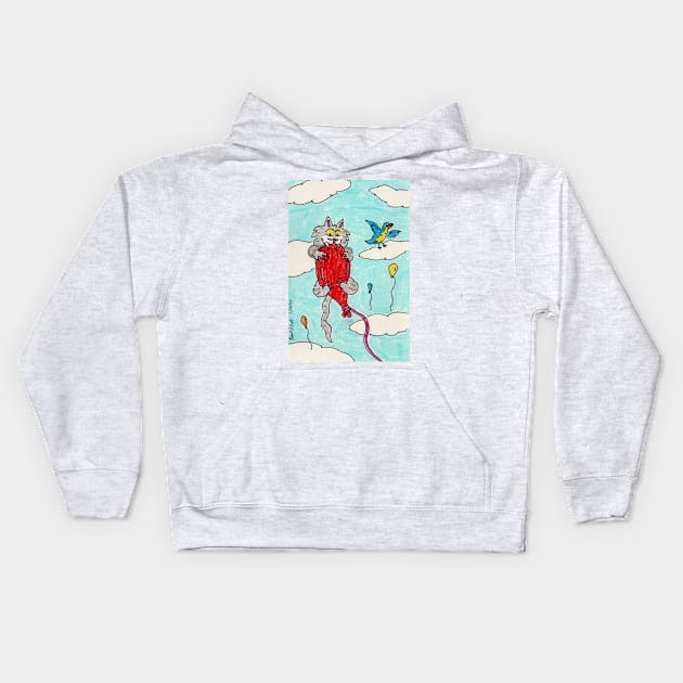 Kitty on a Balloon Kids Hoodie by ConidiArt